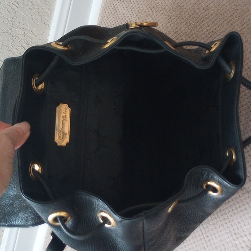 MCM Black Leather Backpack with Gold Accents - Picture 6 of 11